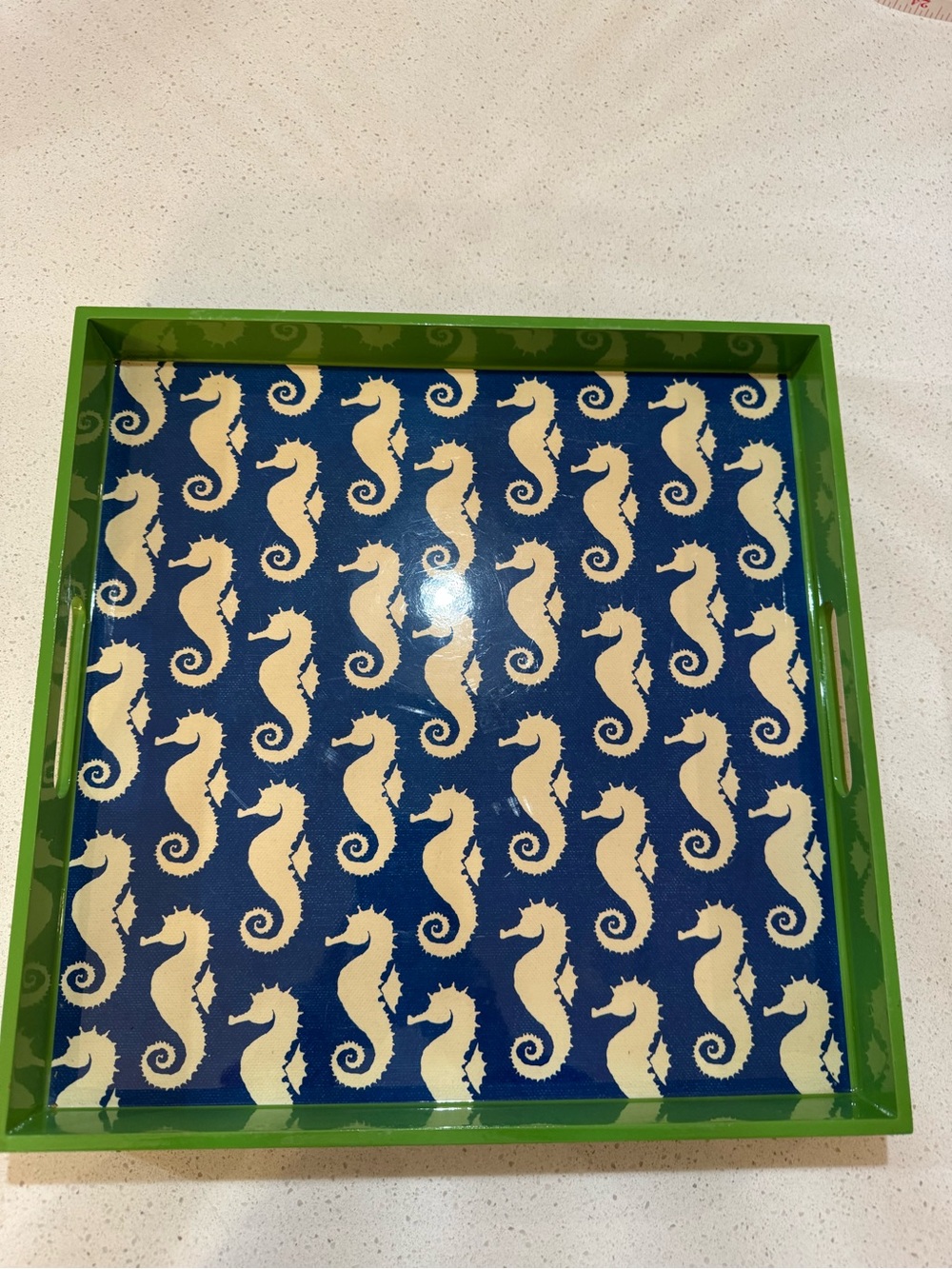 Seahorse Art Square Lacquer Serving Tray 14x14” Rock Flower Paper